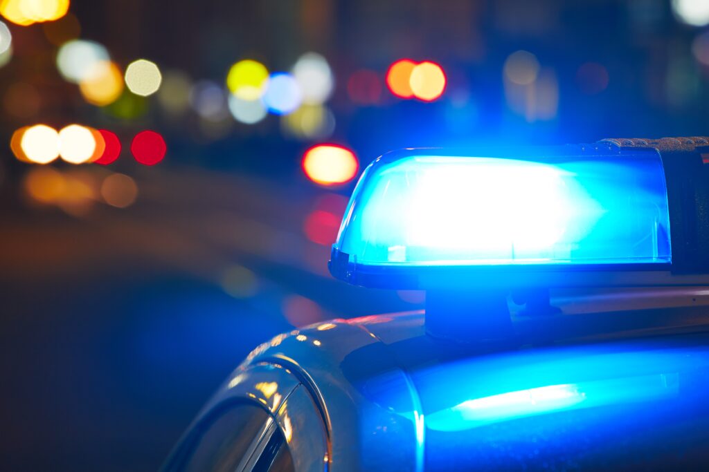 A blue light of a police siren